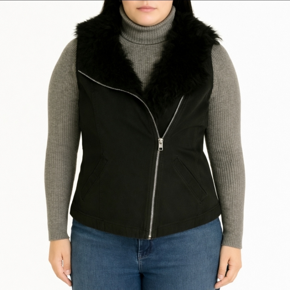 Mossimo Black Faux Fur Collar Cotton Blend Womens Vest Sz Sm